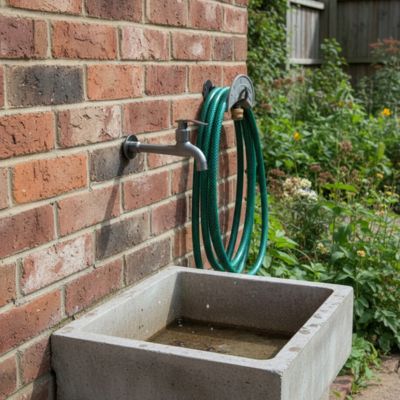 bac pierre avec tuyau arrosage enroulé côté robinet extérieur