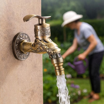 robinet mural extérieur dragon décoratif femme arrose des fleur