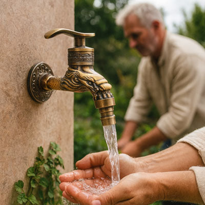 homme lave ses mains au robinet mural extérieur dragon