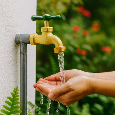 main sous robinet extérieur avec eau qui coule