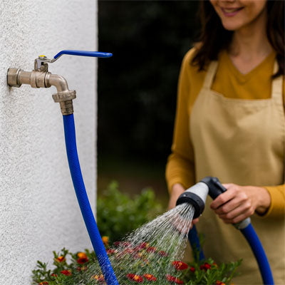 personne arrosant fleurs rouges avec robinet de jardin