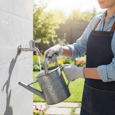 personne remplit un arrosoir au robinet extérieur