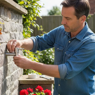 pose du robinet extérieur mural sur mur pierre