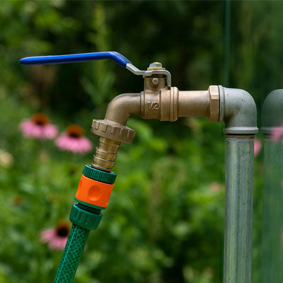 robinet de jardin fermé avec tuyau et fleurs roses