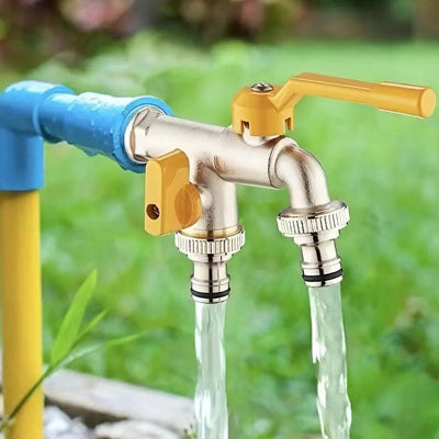 robinet double sortie avec deux vannes jaunes ouvertes