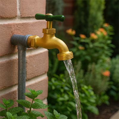 robinet extérieur jardin eau coule fleurs colorées