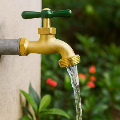 robinet extérieur laiton eau vive jardin fleuri nature paisible