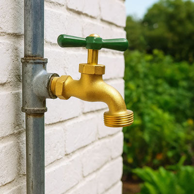 robinet extérieur laiton poignée verte mur briques blanches