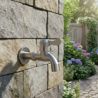 robinet extérieur moderne sur mur pierre devant hortensias