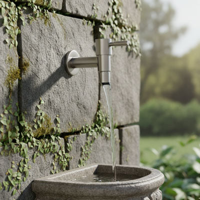 robinet extérieur mural avec eau coulant dans bassin