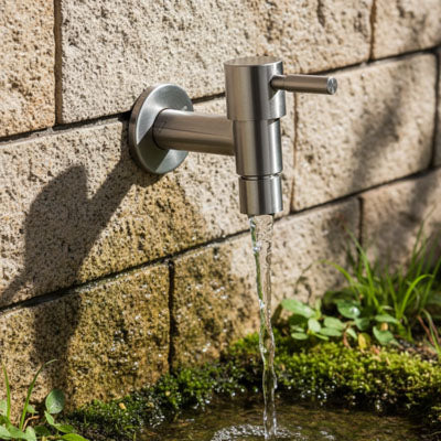 robinet extérieur mural moderne sur mur en pierre
