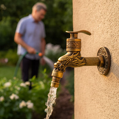 robinet mural extérieur dragon décoratif avec eau qui coule