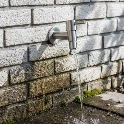 robinet mural extérieur fixe surmur en briques blanche